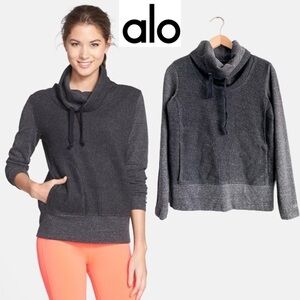 ALO Yoga Gray Sweatshirt Pullover Teddy Rib Knit Cowl High Neck Athleisure Comfy